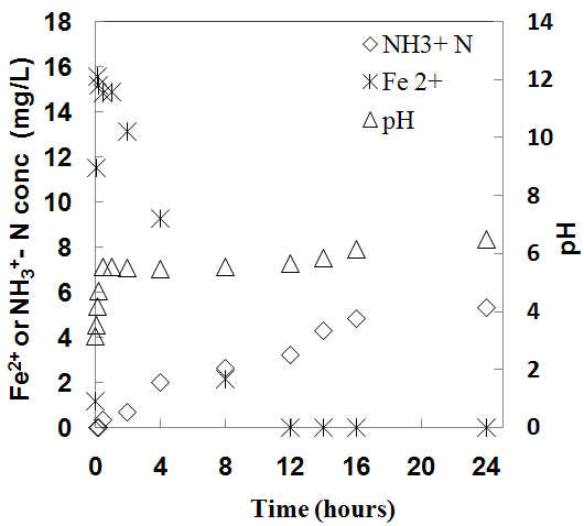 그림 62. 초기 pH=3에서의 2가철 제거와 암모니아의 생성