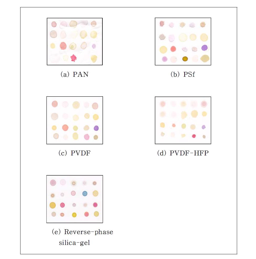 Images of patterning of chemoresonsive dyes on supporters; (a)Pan, (b)PSf, (c)PVDF, (d)PVDF-HFP, (e) reverse-phase silica-gel.