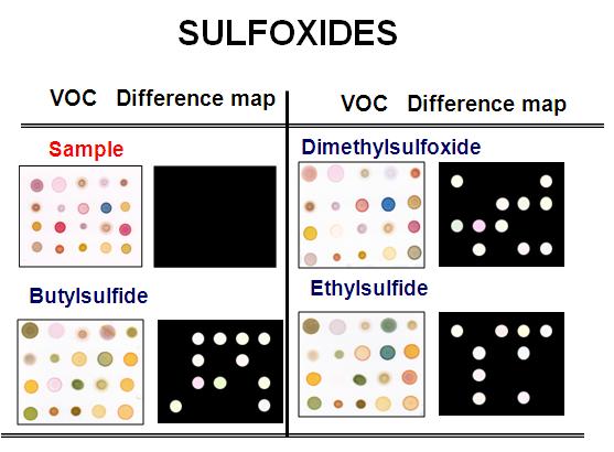 Color difference maps for a family of sulfoxide at 1500ppm at 30℃; butylsulfide, dimethylsulfoxide, ethylsulfide.