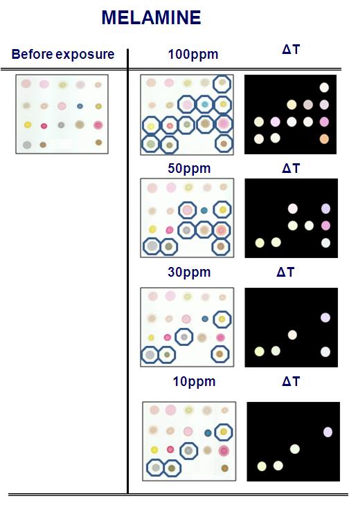 Color difference maps for melamine at 10ppm, 30ppm, 50ppm,100ppm at 50℃.