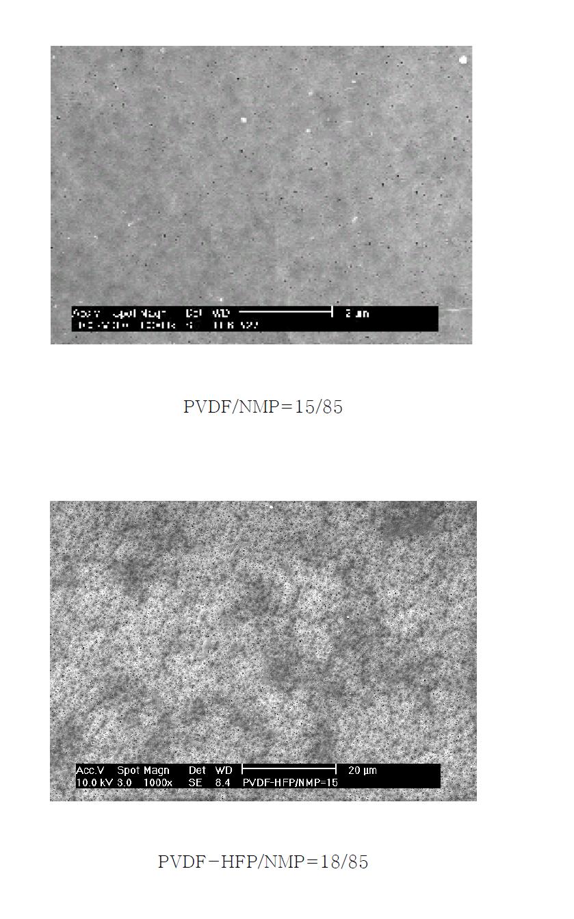 FT-SEM photographs of the flat sheet membrane with solution of PVDF/NMF, PVDF-HFP/NMF, PSf/NMF, PAN/NMF = 15/85(wt/wt%).