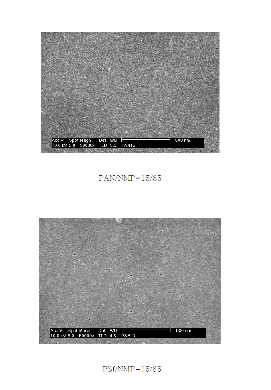 FT-SEM photographs of the flat sheet membrane with solution of PVDF/NMF, PVDF-HFP/NMF, PSf/NMF, PAN/NMF = 15/85(wt/wt%).