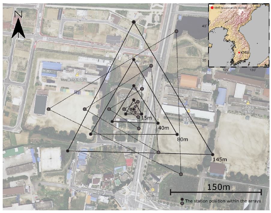 Fig. 2.1.37. Geometry of triangle arrays for measurement of microtremor near KMS station.