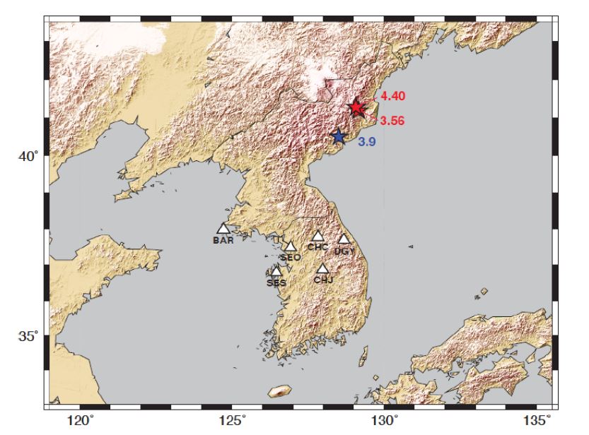 Fig. 3.3.1. Locations of broadband stations(triangle), North Korea nuclear explosions(red star), and earthquake(blue star) used in this study.