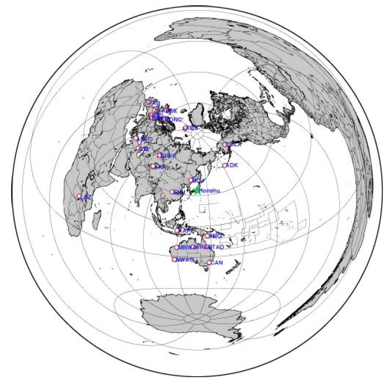 Fig. 4.1.3. Location of the 2009 Honshu earthquake(green star) and used stations of IRIS(red circle).