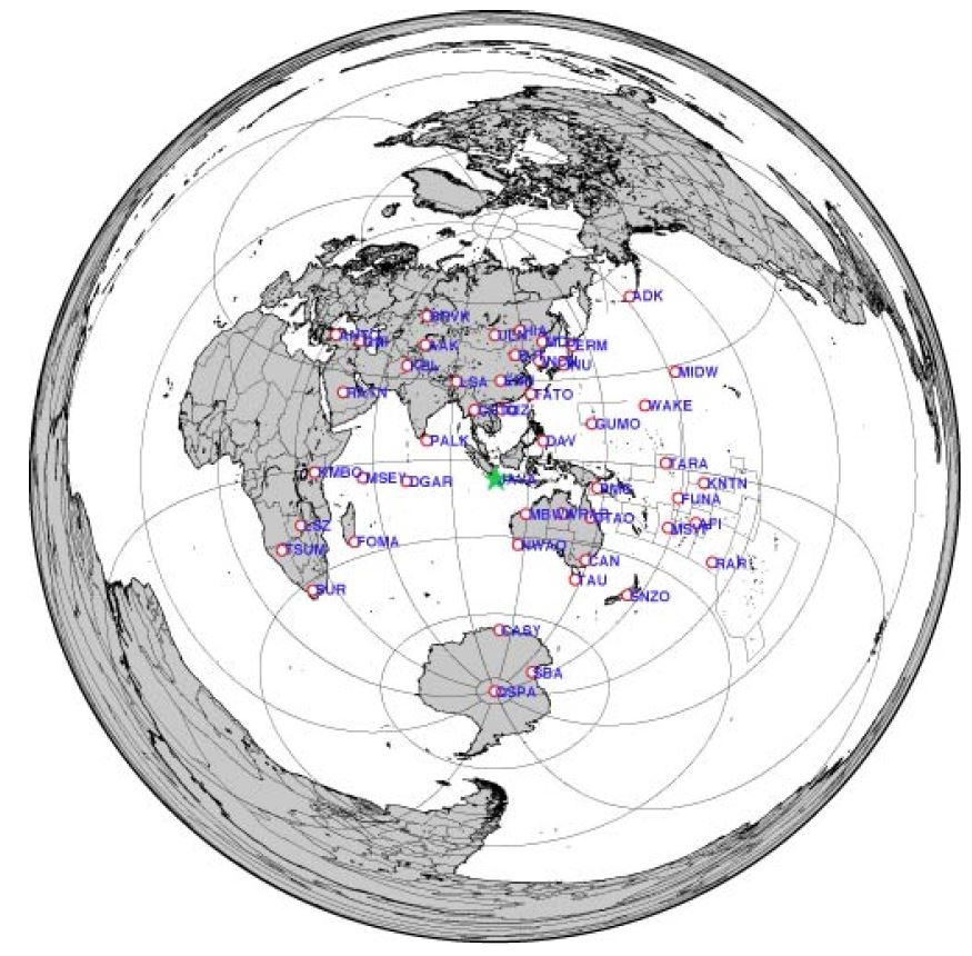 Fig. 4.1.5. Location of the 2009 Java earthquake(green star) and used stations of IRIS(red circle).