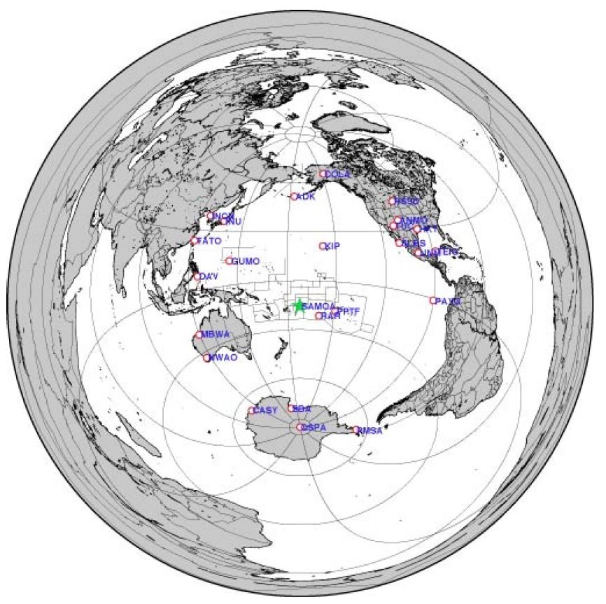 Fig. 4.1.7. Location of the 2009 Samoa earthquake(green star) and used stations of IRIS(red circle).