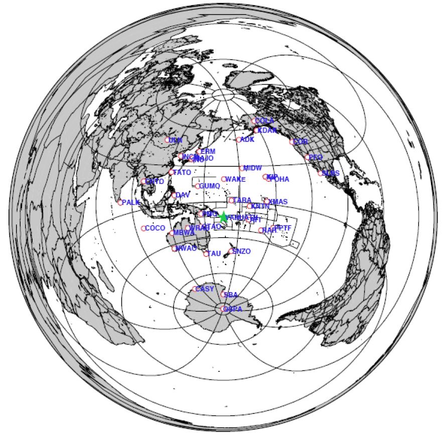 Fig. 4.1.9. Location of the 2009 Vanuatu earthquake(green star) and used stations of IRIS(red circle).