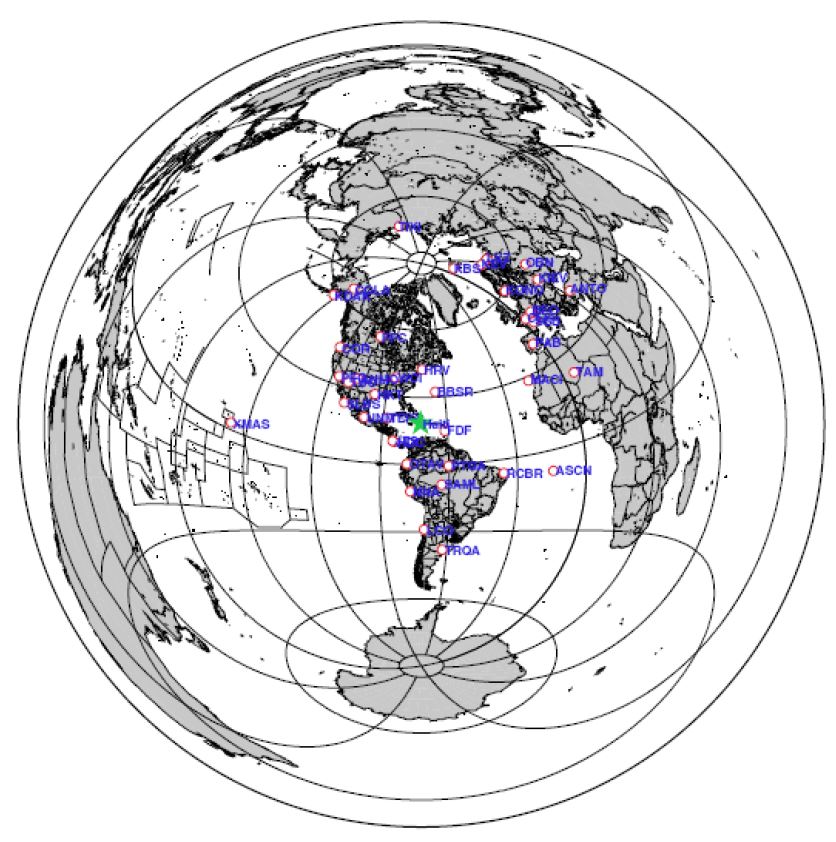 Fig. 4.1.11. Location of the 2010 Haiti earthquake(green star) and used stations of IRIS(red circle).