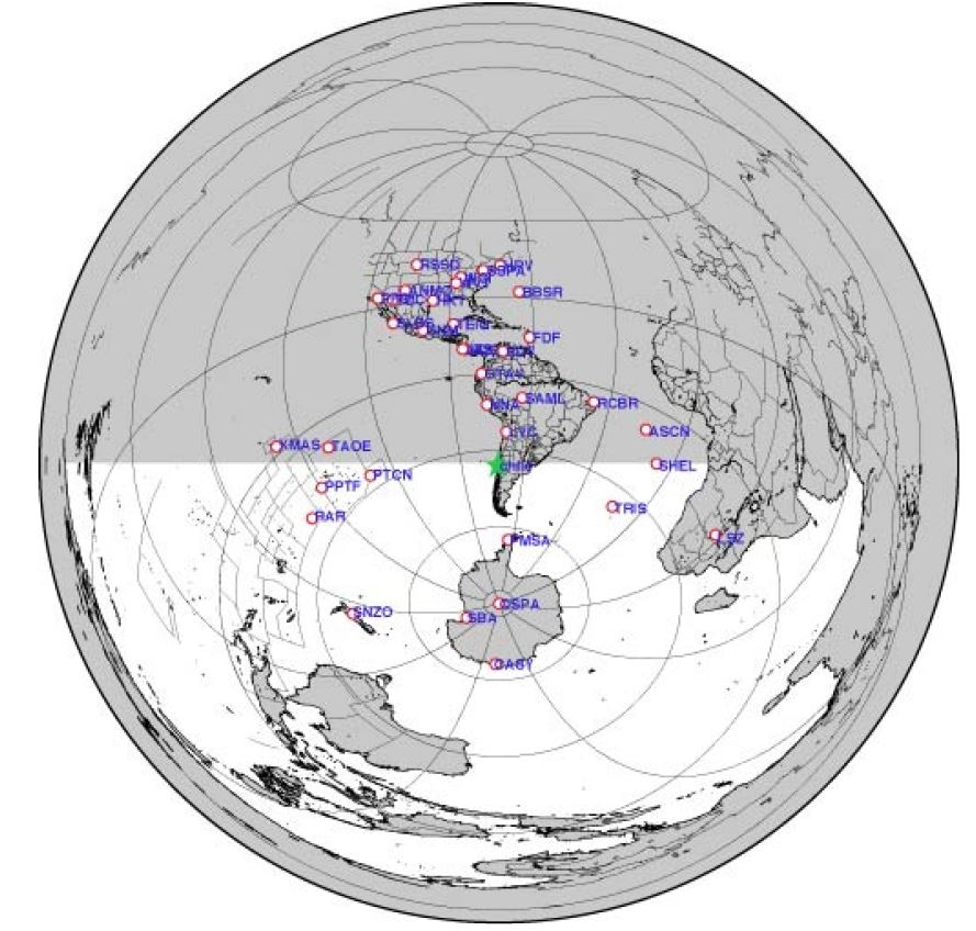 Fig. 4.1.15. Location of the 2010 Chile earthquake(green star) and used stations of IRIS(red circle).