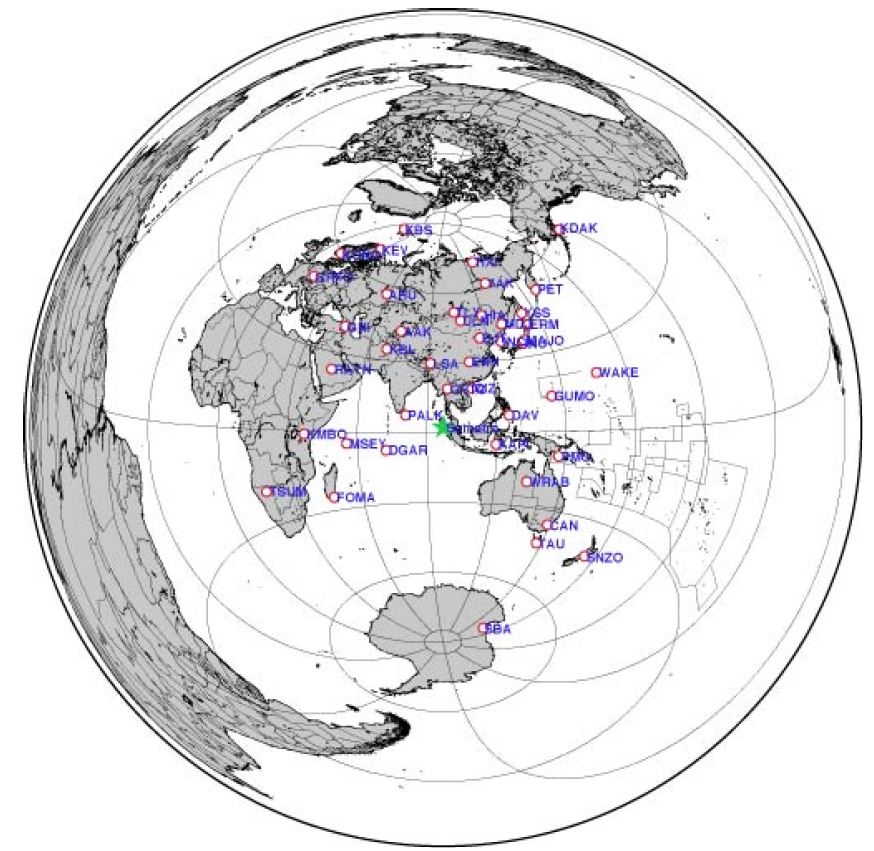 Fig. 4.1.17. Location of the 2010 Sumatra earthquake(green star) and used stations of IRIS(red circle).