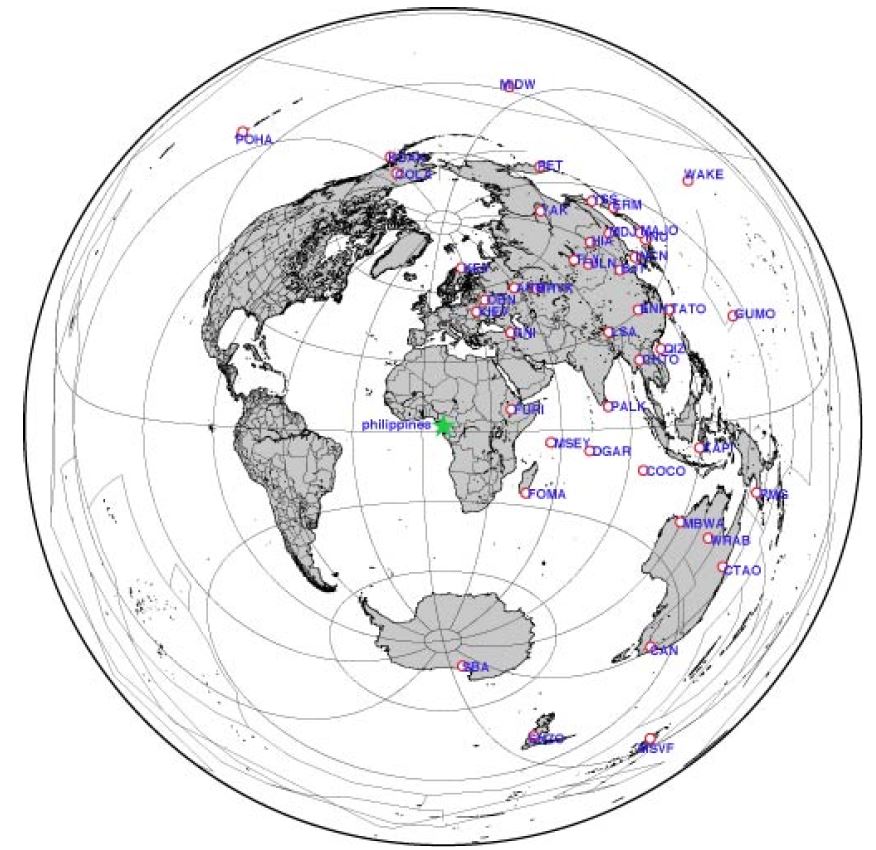 Fig. 4.1.19. Location of the 2010 Philippine earthquake(green star) and used stations of IRIS(red circle).