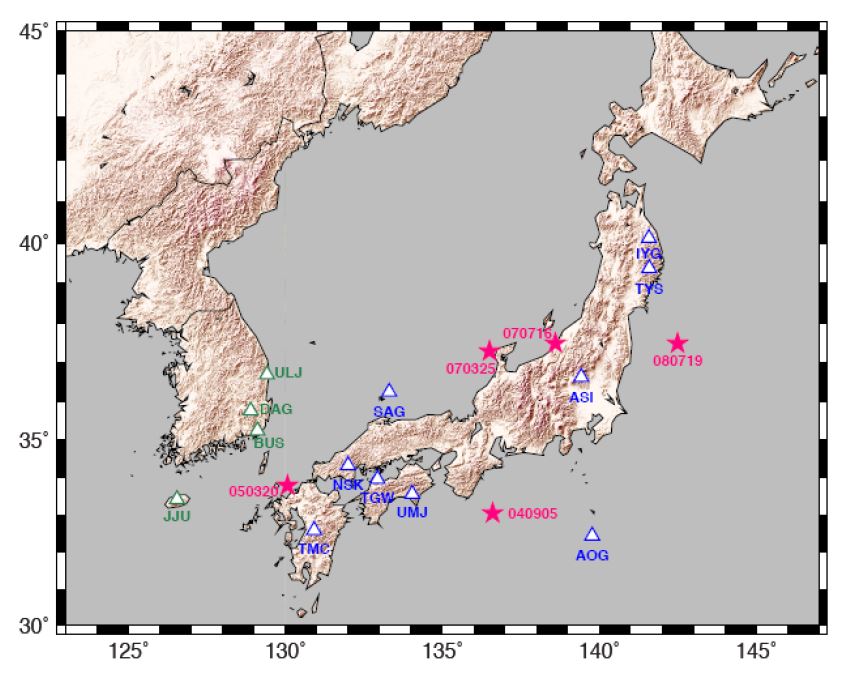 Fig. 4.2.2. Locations of earthquakes studied around Japan(red star), F-net stations of NIED(blue triangle) and broadband stations of KMA(green triangle).