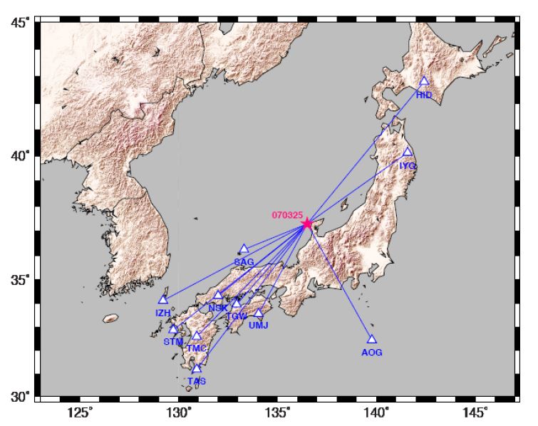 Fig. 4.2.9. Locations of the March 25, 2007(red star) and F-net stations(blue triangle) used for the tests.