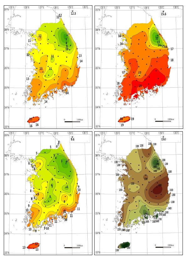 Fig. 2.2.1. Distribution of annul mean temperature, annul maximum temperature, annul minimum temperature, and precipitation totals during 1971~2000 in Korea