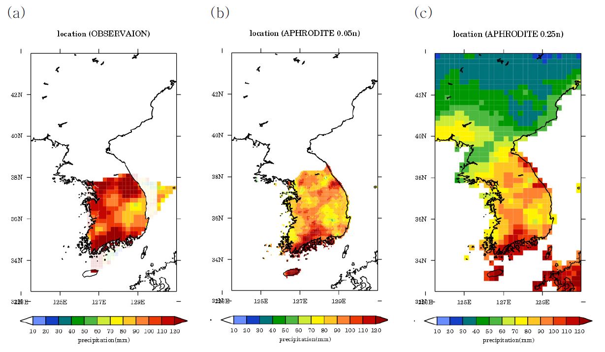 Fig. 3.4.5. Location values of GEV distribution from (a) Synoptic station, (b) APHRODITE 0.05deg, and (c) APHRODITE 0.25deg.