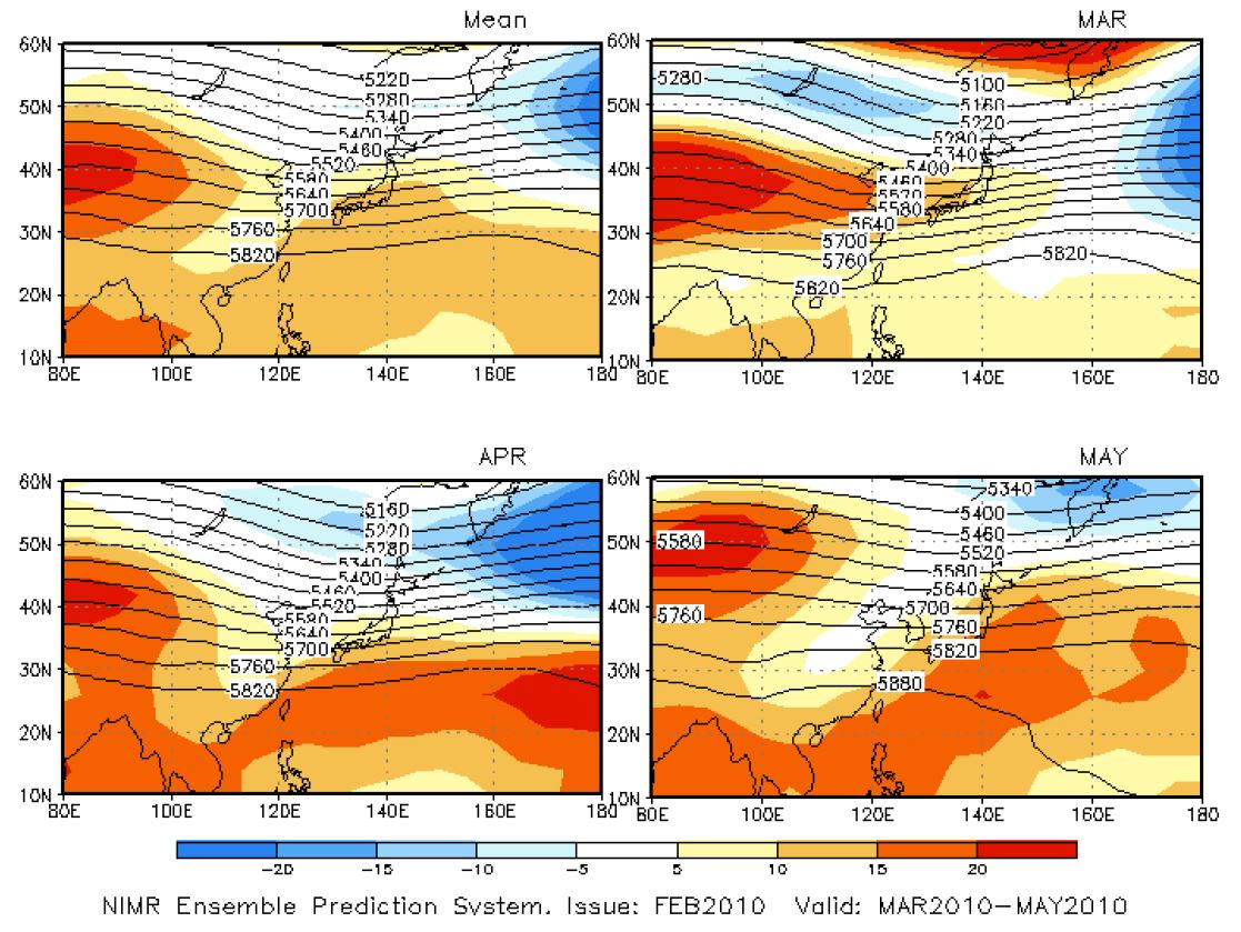 Fig. 5.1.7. Same as in Fig. 5.1.4 but for 500 hPa geopotential heights.