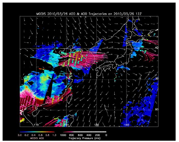 Fig. 2.2.8. Forward-trajectory forecast for high MODIS AOT plot simulated for the strong haze case at 12UTC on 26 March 2010.