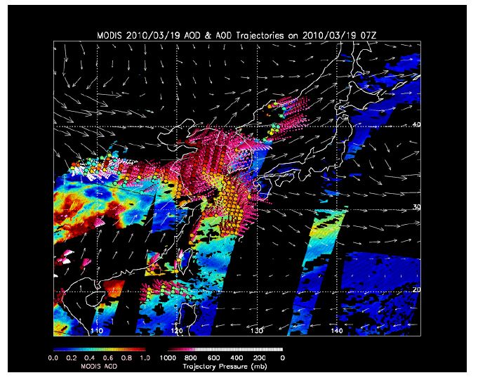 Fig. 2.2.10. Forward-trajectory forecast for high MODIS AOT plot simulated for the strong dust storm case at 07UTC on 19 March 2010.