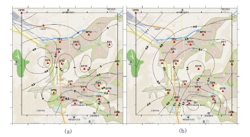 Fig. 3.1.13. Distribution of temperature deviation for (a) daytime, (b) nighttime at the Eunpyeong experiment area.