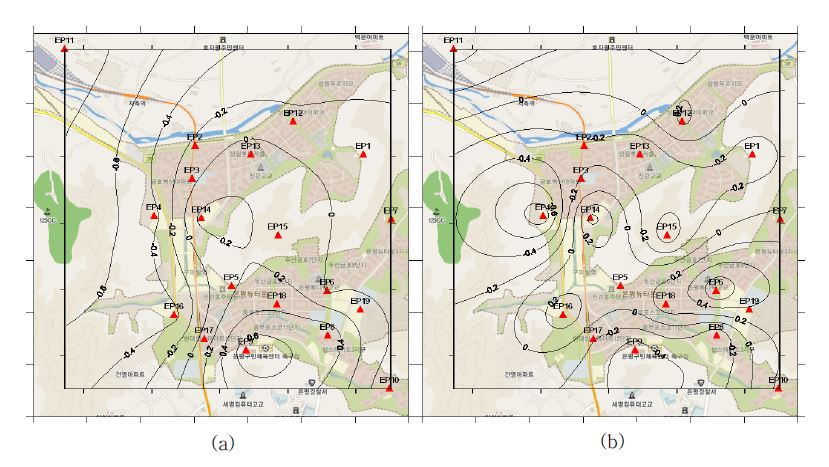 Fig. 3.1.14. Distribution of temperature deviation for (a) easterly, (b) westerly at the Eunpyeong experiment area.