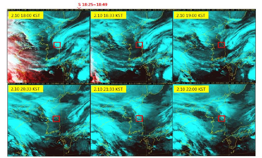 Fig. 4.3.3. Cloud images from MTSAT-1R taken at 18:00∼22:00, Feb. 10, 2010 (KST).