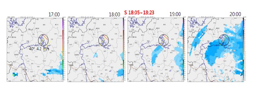 Fig. 4.3.16. Reflectivity Images (PPI0, QC) from ground-based radar taken at 17:00∼20:00, Feb. 12, 2010 (KST).