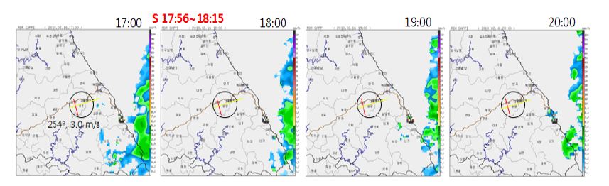 Fig. 4.3.21. Reflectivity Images (PPI0, QC) from ground-based radar taken at 17:00∼20:00, Feb. 16, 2010 (KST).