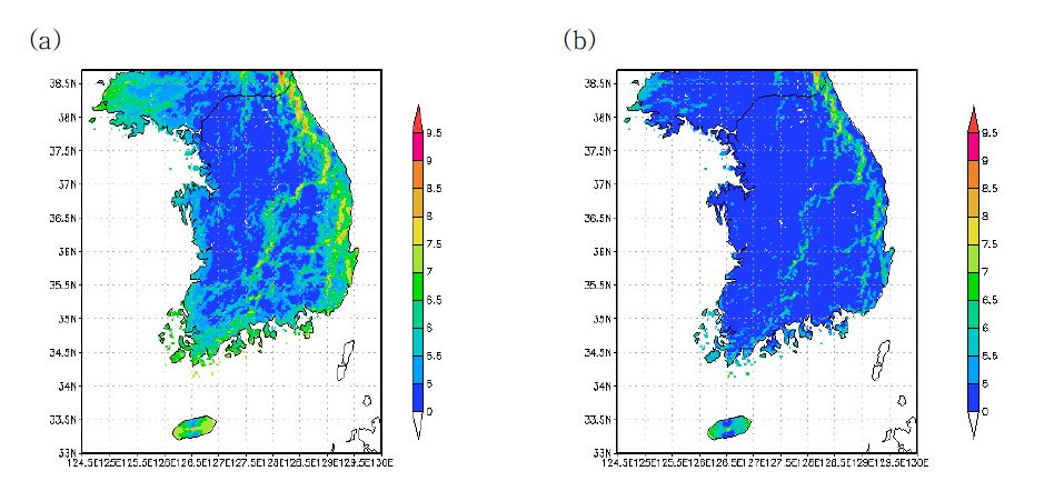 Fig. 2.1.3. Annual mean wind speed at 80 m above ground level for (a) 2009's wind resource map and (b) new 2010's wind resource map.