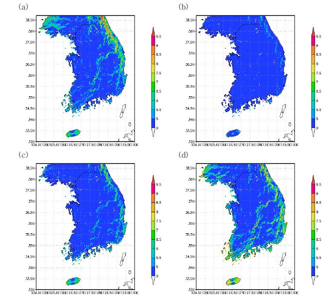 Fig. 2.1.4. Seasonal mean wind speed at 80 m above ground level for (a) Spring, (b) Summer, (c) Autumn, and (d) Winter.