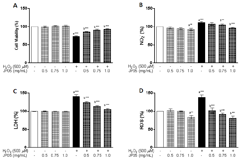 N2a cells were pretreated with mBHT (0.5, 0.75 or 1.0 ㎎/㎖) and/or 12 h H2O2 (500 mM)- induction and assessed for MTT analysis (A),