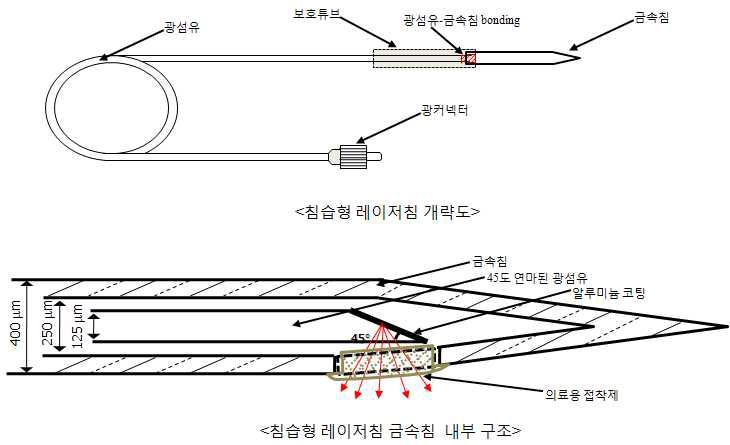 천자침 기반 삽입형 광섬유침의 전체구성 (위) 및 끝단 개략도 (아래)