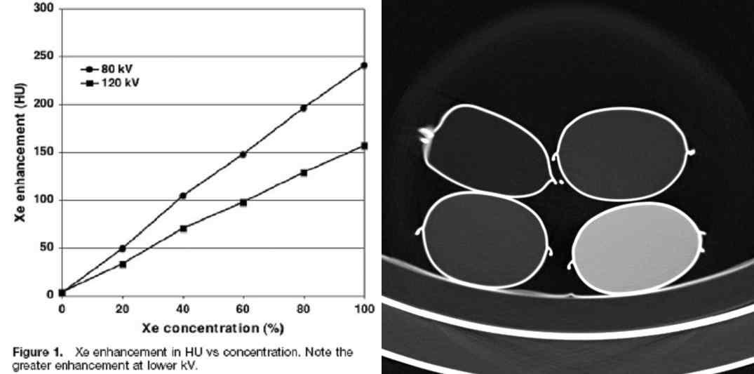 (좌) 제논의 농도와 CT density의 선형관계 (우) 플라스틱백 내부에 채워진 제논의 CT density