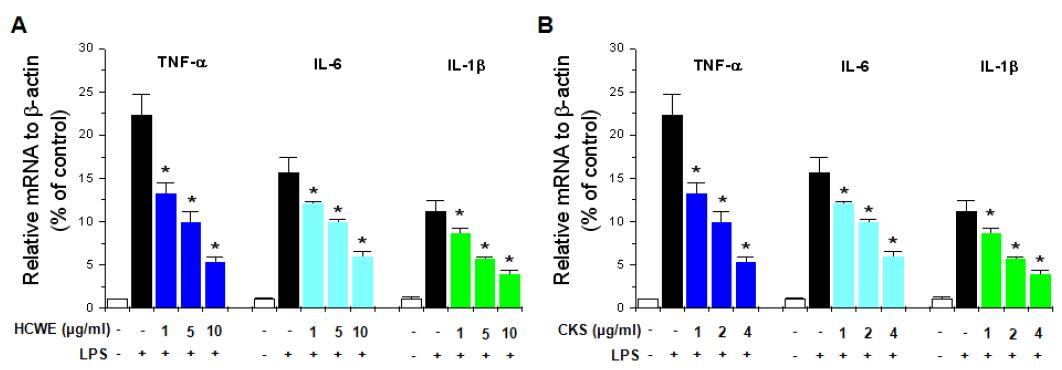 Effects of HCWE and CKS on macrophage-related cytokine mRNA expression in NR8383 cells.