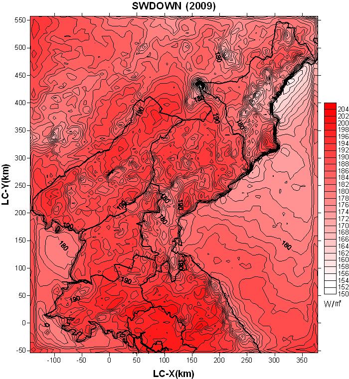 북한지역에 대한 수평 연평균 일사량 분포(2009년)
