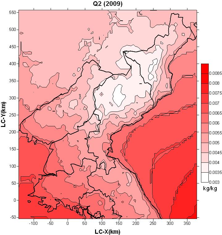 북한지역에 대한 수평 연평균 비습 분포(2009년)