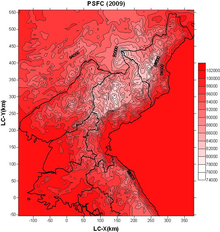 북한지역에 대한 2009년 수평 연평균 지표기압 분포
