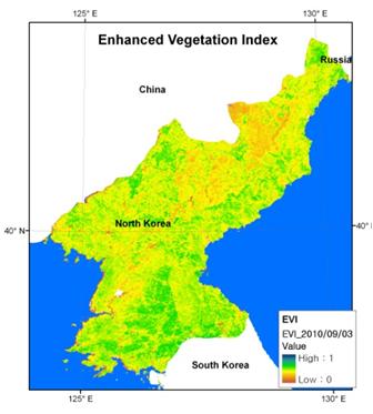 북한 전역에 대해 smoothing 기법이 적용된 MODIS13A2 개량식생지수(EVI)