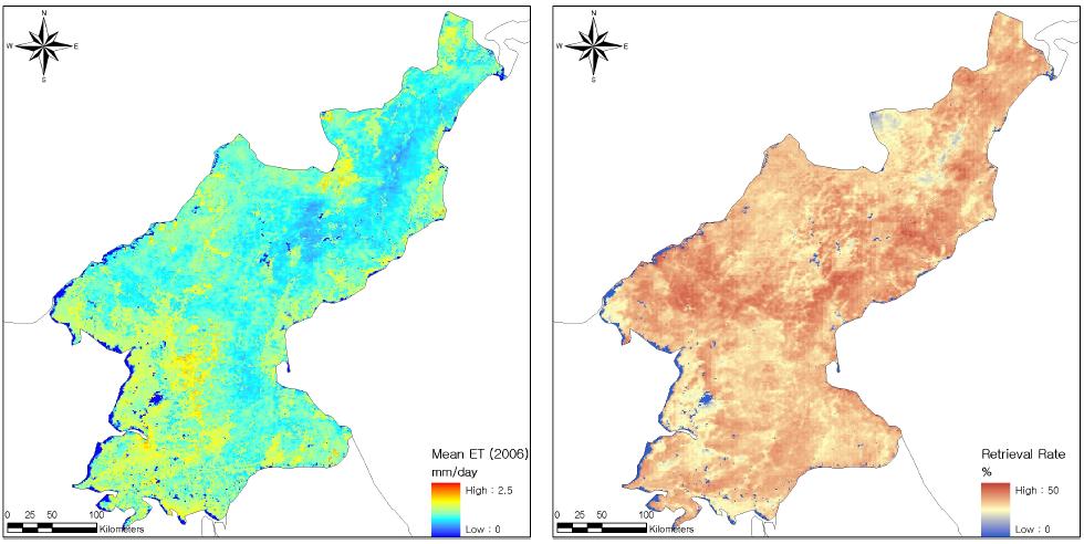 2006년에 대한 북한의 일평균 증발산 지도(mm day )와 자료 획득률
