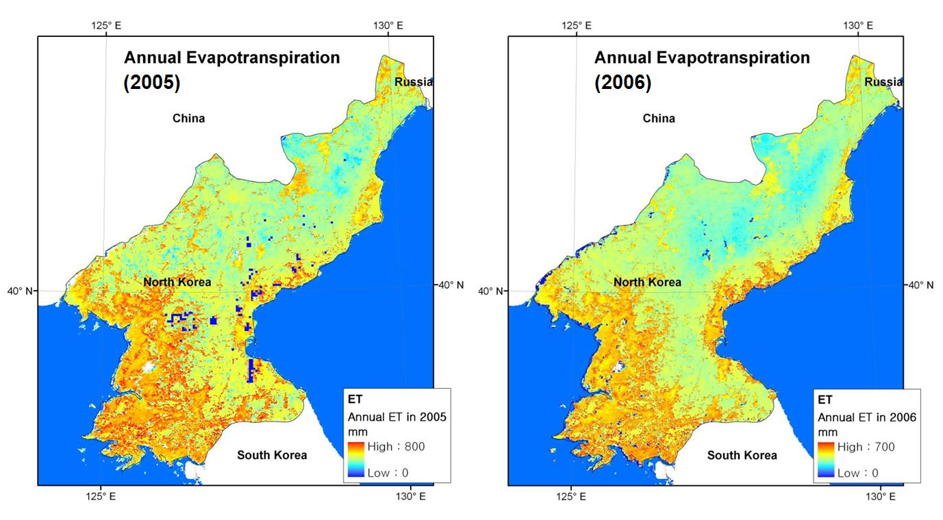 MODIS ET와 WRF-MODIS ET를 병합하여 산출한 2005년과 2006년에 대한 북한의 연 누적 증발산량(mm) 지도