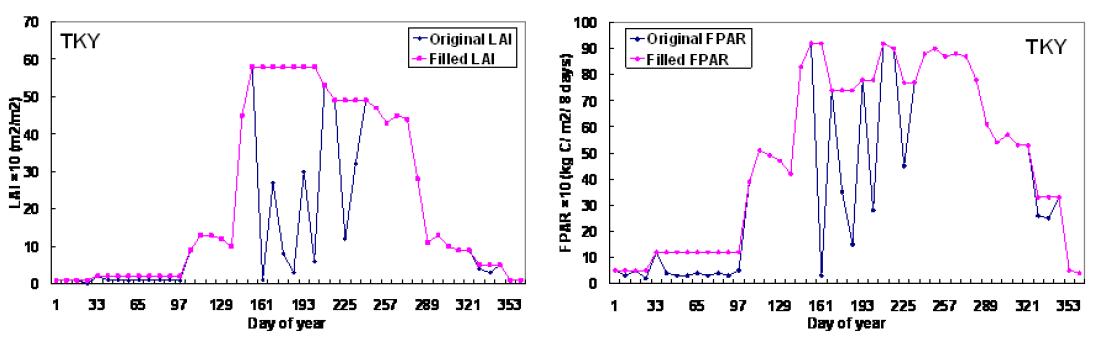 LAI(왼쪽)와 FPAR(오른쪽) 보정 전(청색)과 후(분홍색)의 시계열 비교.