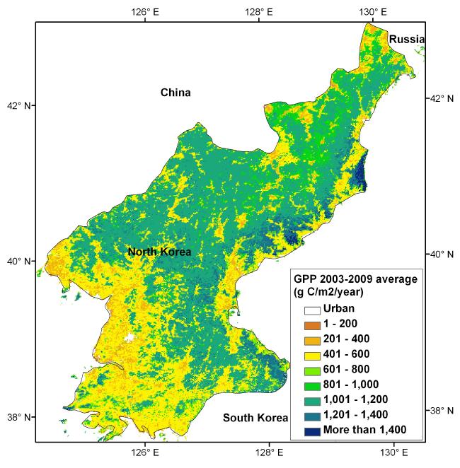 북한지역 연구기간(2003-2009) 평균 연 누적 GPP 분포도