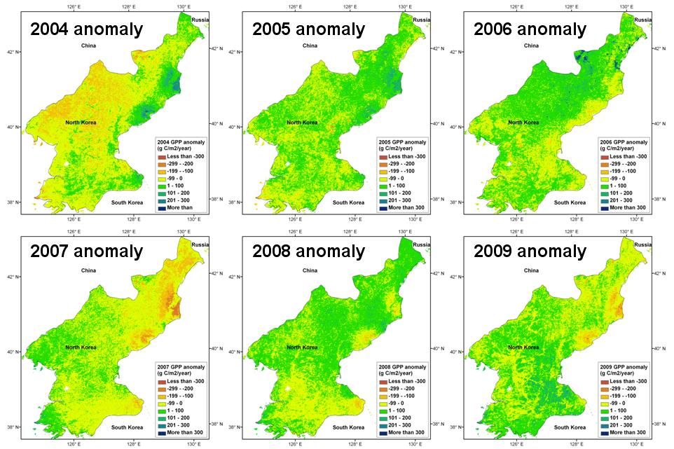 북한지역 각 연도별(2004-2009) 연 누적 GPP 아노말리 분포도