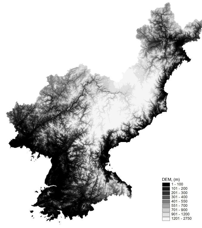 북한의 수치고도모형(digital elevation model, DEM)