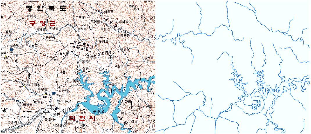 한국하천정보시스템(http://river.kwater.or.kr/garam)에서 제공하는 1:25000의 지형도(좌)와 디지타이징으로 추출된 북한 하천망(우)