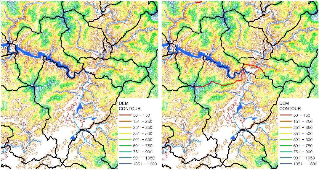 DEM으로부터 추출한 유역경계(좌)와 수작업에 따라 보정한 유역경계(우)