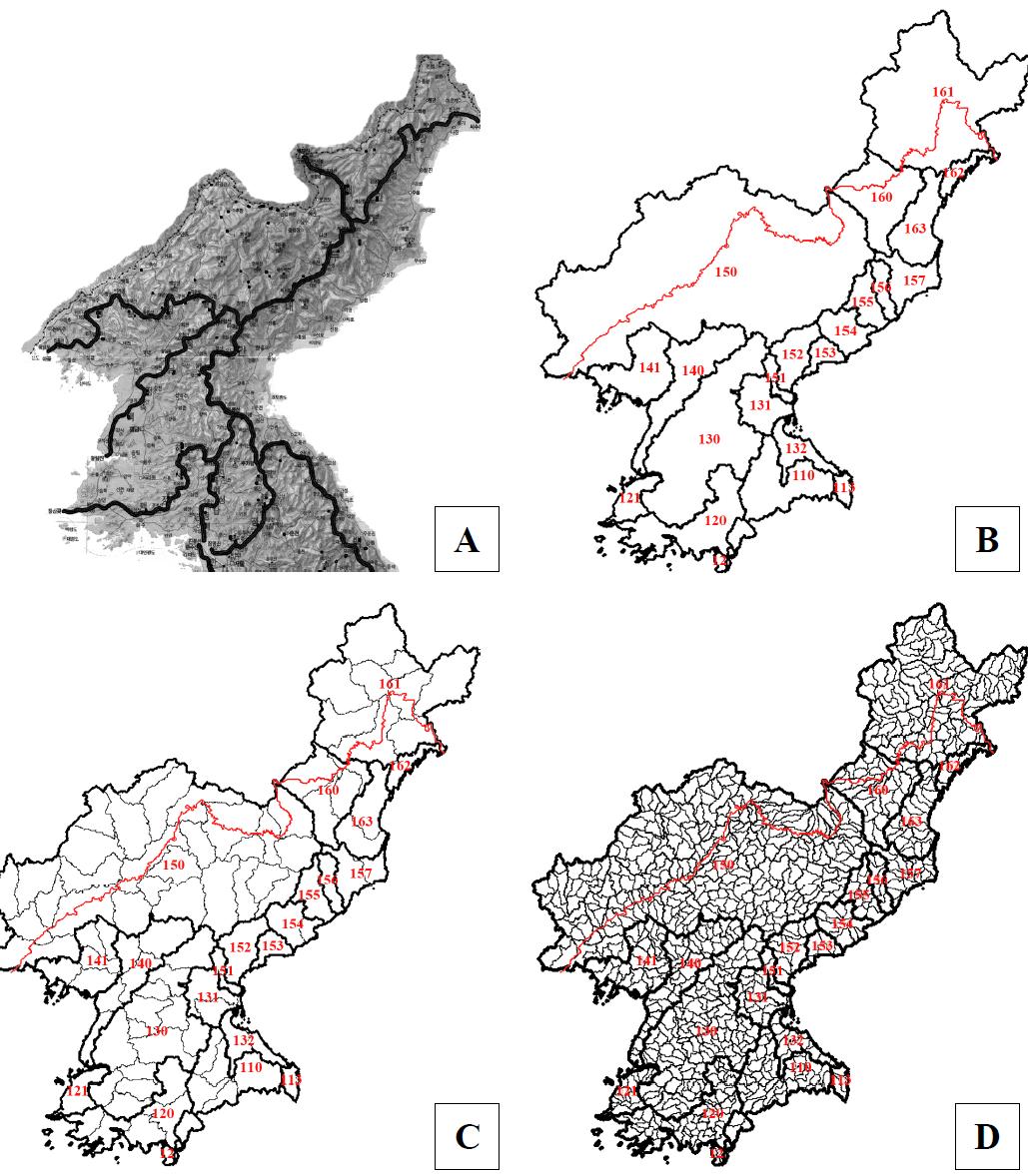 산경도(A)를 기반으로 제작된 21개의 북한 대권역지도(B)와 93개로 분할된 중권역지도(B), 그리고 885개로 분할된 표준유역지도(C)