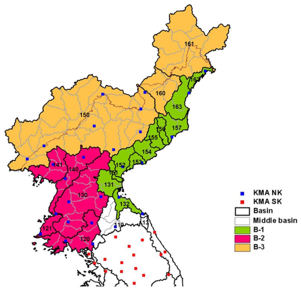 북한 기온감률 도출을 위해 산맥을 고려한 구역 분할