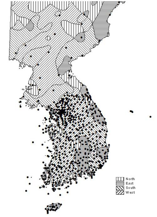 남북한 관측지점들의 경사향별 분포도