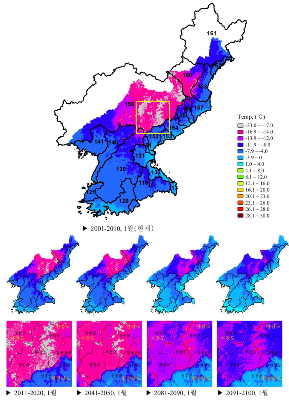 북한지역 10년 간격 미래시나리오에 따른 1월 평균기온 분포도